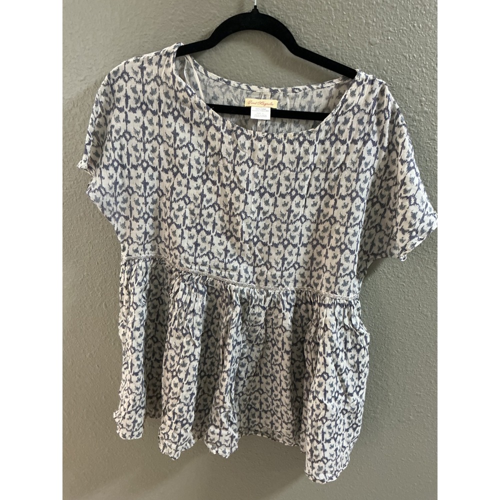Sweet Magnolia Cotton Ikat Print Babydoll Top Blue White Short Sleeve Large